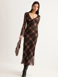 COMMENSE Checked Bell-Sleeve Mesh Dress* Casual Dresses|Cocktail & Party Dresses