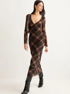 COMMENSE Checked Bell-Sleeve Mesh Dress* Casual Dresses|Cocktail & Party Dresses