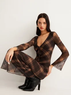 COMMENSE Checked Bell-Sleeve Mesh Dress* Casual Dresses|Cocktail & Party Dresses