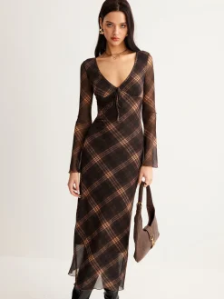 COMMENSE Checked Bell-Sleeve Mesh Dress* Casual Dresses|Cocktail & Party Dresses