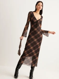 COMMENSE Checked Bell-Sleeve Mesh Dress* Casual Dresses|Cocktail & Party Dresses