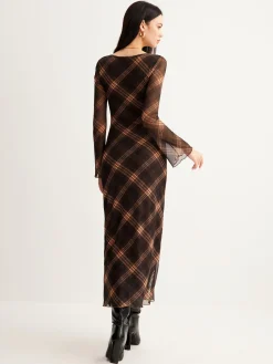 COMMENSE Checked Bell-Sleeve Mesh Dress* Casual Dresses|Cocktail & Party Dresses