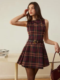 COMMENSE Checked Pleated Tank Dress Without Belt* Casual Dresses|Work Dresses