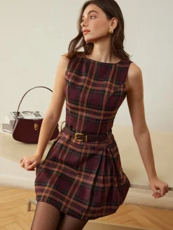 COMMENSE Checked Pleated Tank Dress Without Belt* Casual Dresses|Work Dresses