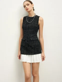 COMMENSE Checkered Tweed Panel Tank Dress* Black Dresses|Casual Dresses