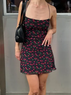 COMMENSE Cherry Print Cami Short Dress* Black Dresses|Casual Dresses