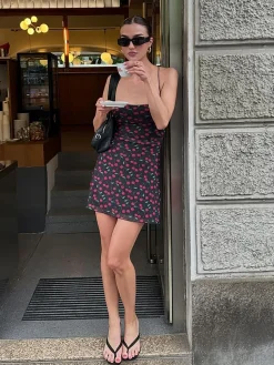COMMENSE Cherry Print Cami Short Dress* Black Dresses|Casual Dresses