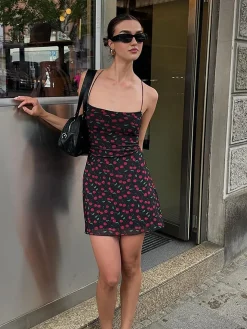 COMMENSE Cherry Print Cami Short Dress* Black Dresses|Casual Dresses