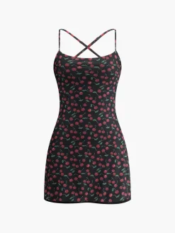 COMMENSE Cherry Print Cami Short Dress* Black Dresses|Casual Dresses