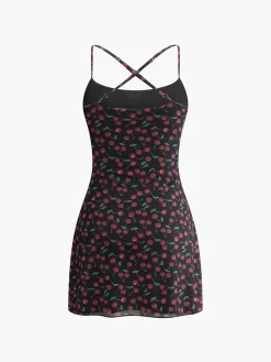 COMMENSE Cherry Print Cami Short Dress* Black Dresses|Casual Dresses