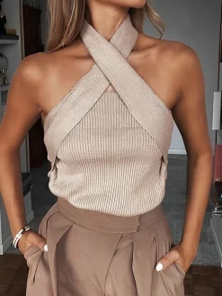 COMMENSE Chestnut Halter Rib Knit Top* Sweater Tops|Sweaters & Cardigans