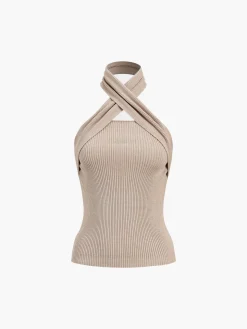 COMMENSE Chestnut Halter Rib Knit Top* Sweater Tops|Sweaters & Cardigans