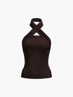COMMENSE Chestnut Halter Rib Knit Top* Sweater Tops|Sweaters & Cardigans