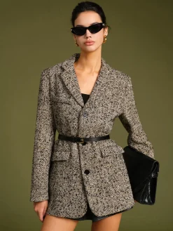 COMMENSE Chevron Tweed Belted Blazer* Outerwear|Blazers