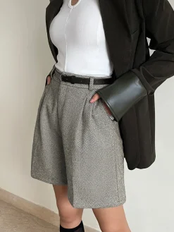 COMMENSE Chevron Tweed Belted Knee Shorts* Shorts|Bottoms