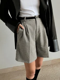 COMMENSE Chevron Tweed Belted Knee Shorts* Shorts|Bottoms