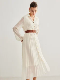 COMMENSE Chiffon Button Pleated Dress With Belt* White Dresses|Casual Dresses