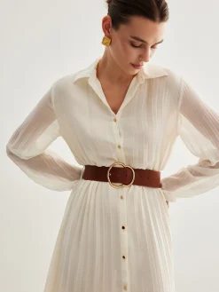 COMMENSE Chiffon Button Pleated Dress With Belt* White Dresses|Casual Dresses