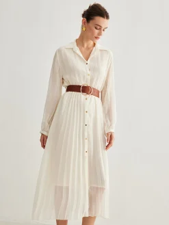 COMMENSE Chiffon Button Pleated Dress With Belt* White Dresses|Casual Dresses