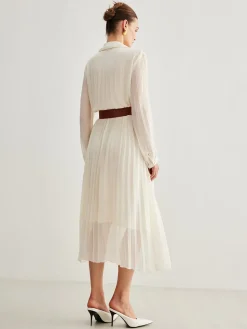 COMMENSE Chiffon Button Pleated Dress With Belt* White Dresses|Casual Dresses