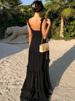 COMMENSE Chiffon High-Low Hem Cutout Long Dress* Black Dresses|Vacation Dresses