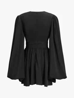 COMMENSE Chiffon Low Cut V-neck Pleated Zip Mini Dress* Black Dresses|Casual Dresses