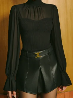 COMMENSE Chiffon Pleated Tie Neck Panel Shirt* Tops