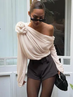 COMMENSE Chiffon Semi-sheer One Shoulder Asymmetrical Top* Blouses & Shirts|Tops