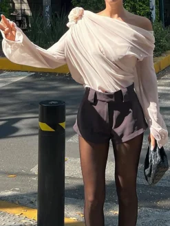 COMMENSE Chiffon Semi-sheer One Shoulder Asymmetrical Top* Blouses & Shirts|Tops