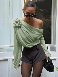 COMMENSE Chiffon Semi-sheer One Shoulder Asymmetrical Top* Blouses & Shirts|Tops