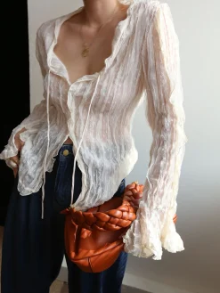 COMMENSE Chiffon Sheer Lettuce Trim Long Sleeve Shirt* Blouses & Shirts|Tops