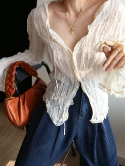 COMMENSE Chiffon Sheer Lettuce Trim Long Sleeve Shirt* Blouses & Shirts|Tops