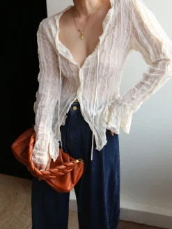 COMMENSE Chiffon Sheer Lettuce Trim Long Sleeve Shirt* Blouses & Shirts|Tops