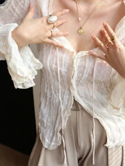 COMMENSE Chiffon Sheer Lettuce Trim Long Sleeve Shirt* Blouses & Shirts|Tops
