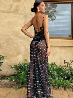 COMMENSE Chiffon Sheer Polka Dot Print Backless Long Dress* Casual Dresses|Cocktail & Party Dresses