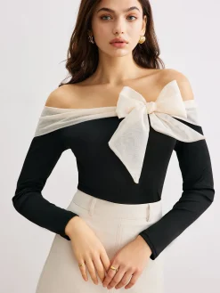 COMMENSE Chiffon-Bow Off-Shoulder Slim Blouse* Blouses & Shirts|Tops
