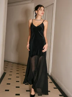 COMMENSE Chiffon-Hem Velvet Cami Dress* Black Dresses|Cocktail & Party Dresses
