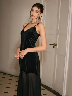 COMMENSE Chiffon-Hem Velvet Cami Dress* Black Dresses|Cocktail & Party Dresses