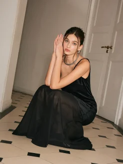 COMMENSE Chiffon-Hem Velvet Cami Dress* Black Dresses|Cocktail & Party Dresses
