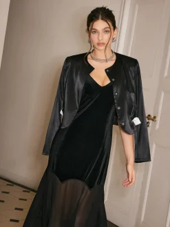 COMMENSE Chiffon-Hem Velvet Cami Dress* Black Dresses|Cocktail & Party Dresses
