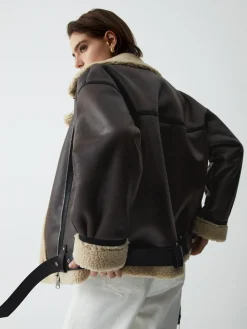 COMMENSE Classic Sherpa Lined Shearling Leather Flight Jacket* Outerwear|Jackets