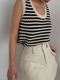COMMENSE Classy Stripe Crochet Sweater Vest* Sweater Vests|Sweaters & Cardigans