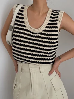 COMMENSE Classy Stripe Crochet Sweater Vest* Sweater Vests|Sweaters & Cardigans