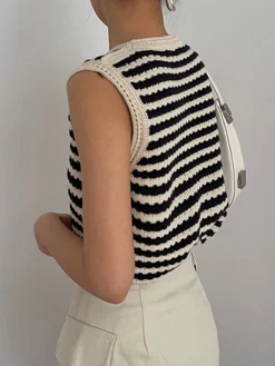 COMMENSE Classy Stripe Crochet Sweater Vest* Sweater Vests|Sweaters & Cardigans