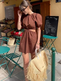 COMMENSE Cocoa Bean Cotton Blends Cutout Short Dress* Casual Dresses|Vacation Dresses