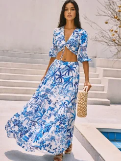 COMMENSE Cocoa Palm Print Boho Knotted Vacation Skirt Set* Skirt Sets|Long Sleeve Sets