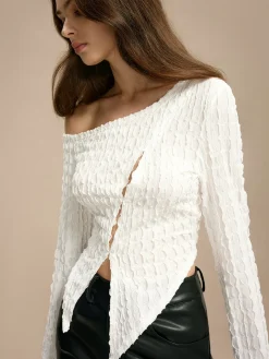 COMMENSE Cold Shoulder Cutout Plisse Blouse* Blouses & Shirts|Tops