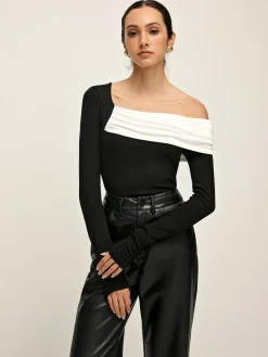 COMMENSE Cold Shoulder Patchwork Pleated Blouse* Blouses & Shirts|Tops