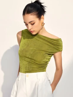 COMMENSE Cold Shoulder Pleated Tank Top* Tank Tops & Camis|Tops