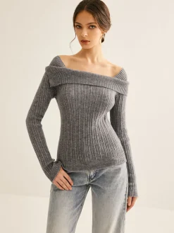 COMMENSE Cold Shoulder Ribbed Slim Sweater* Sweater Tops|Sweaters & Cardigans